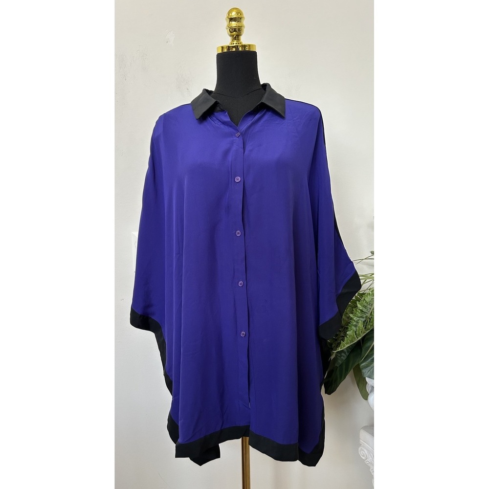 Lafayette 148 NY Silk Poncho Blouse PurpleBlack Colorblock Batwing Cape Shirt XL